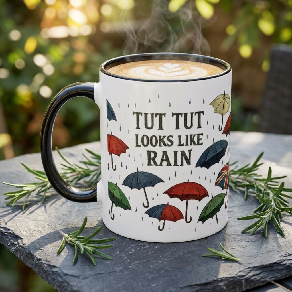 British Rain Mug, Tut Tut Looks Like Rain Mug, Funny British Saying Mug, Umbrella Pattern Mug, UK Gift, Anglophile Mug, Rainy Day Cup